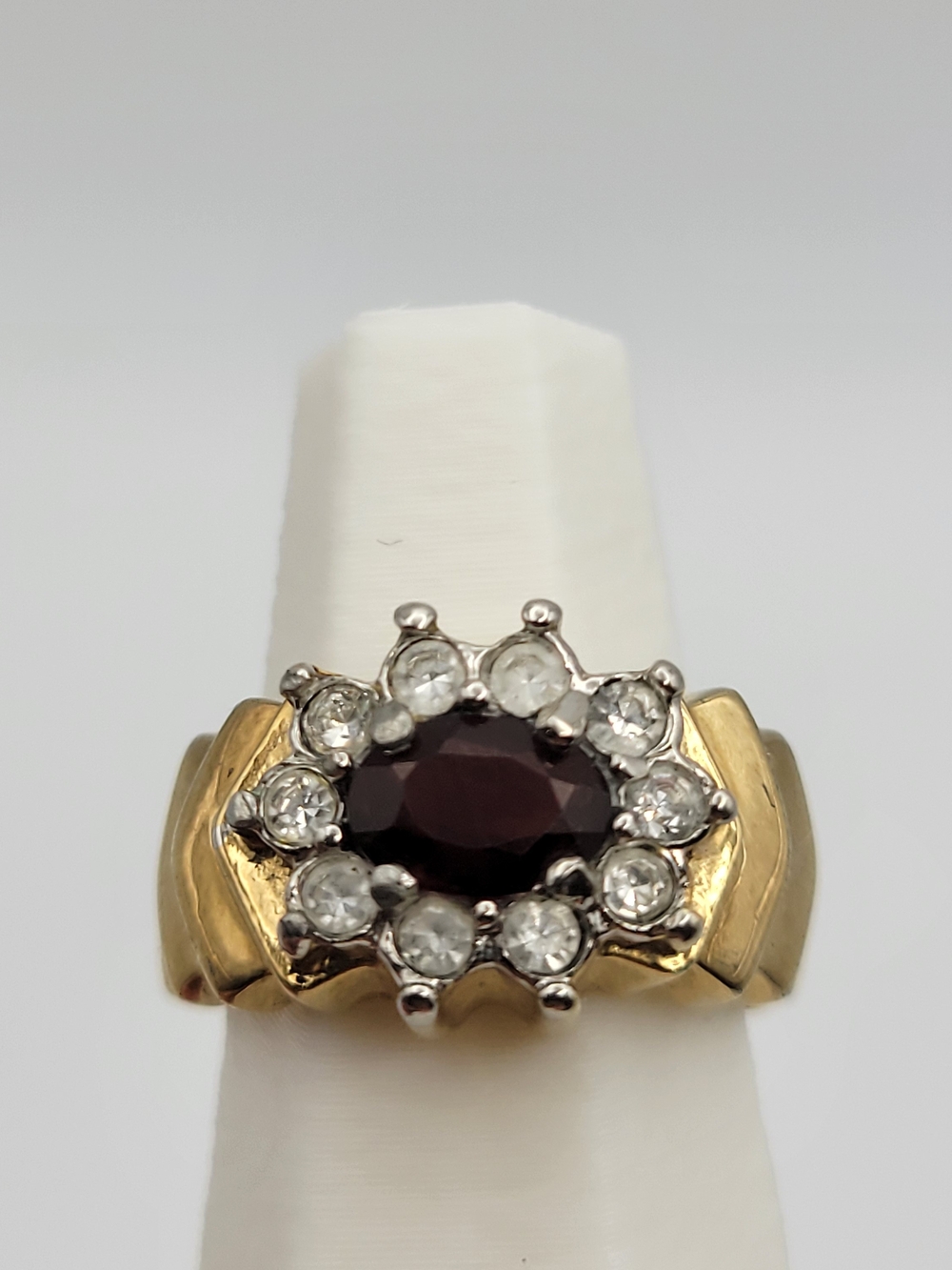 Gold-Tone Garnet & Rhinestone Crystal Halo Ring